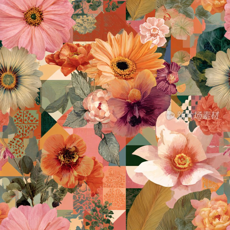 多彩花卉几何图案插画