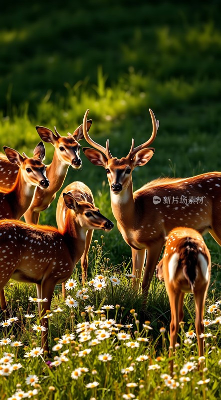 阳光下的鹿群在花丛中漫步