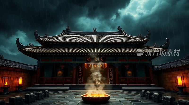 雨夜古庙神秘氛围