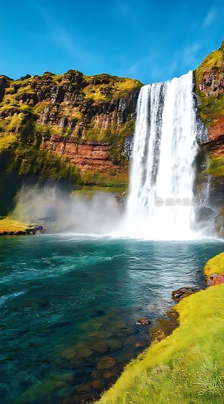 冰岛瀑布奇观翠绿山谷中的自然奇迹