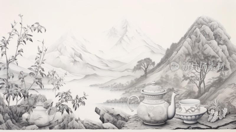 茶杯茶壶茶山茶叶茶树中国风水墨画铅笔画