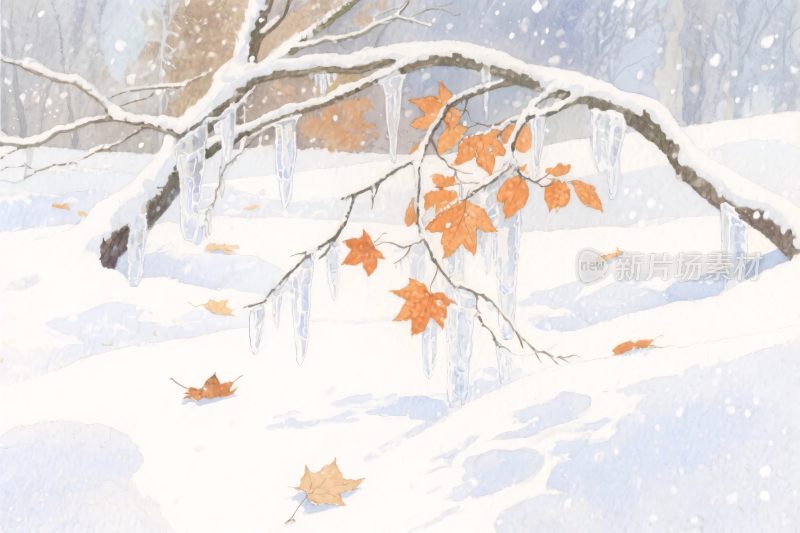 冬季雪景树枝插画