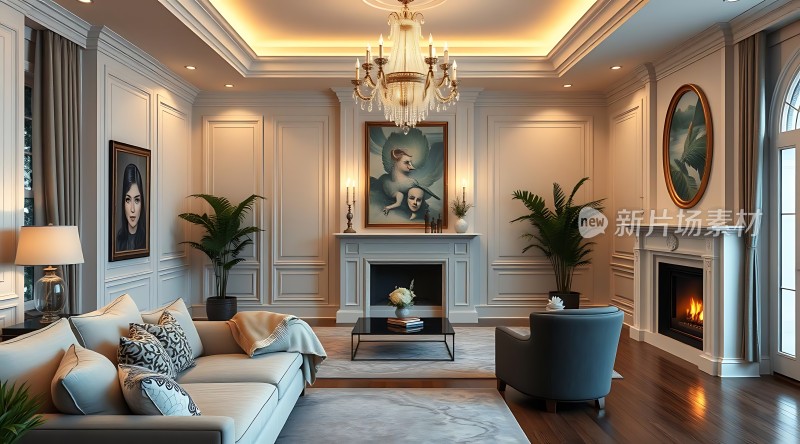 豪华客厅优雅壁炉精美装饰画舒适沙发椅温馨氛围