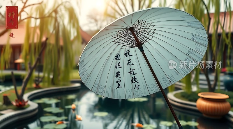 古风油纸伞下的宁静池塘