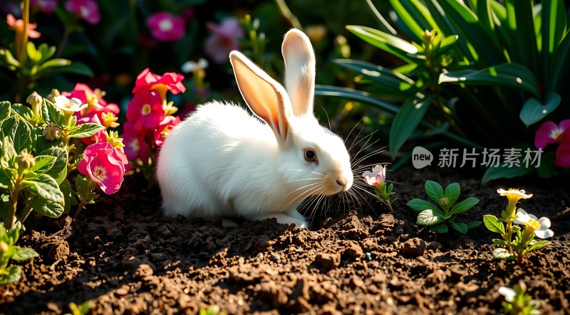 小白兔在花丛中探出头