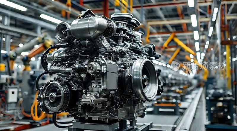 现代工厂中的复杂发动机组装线