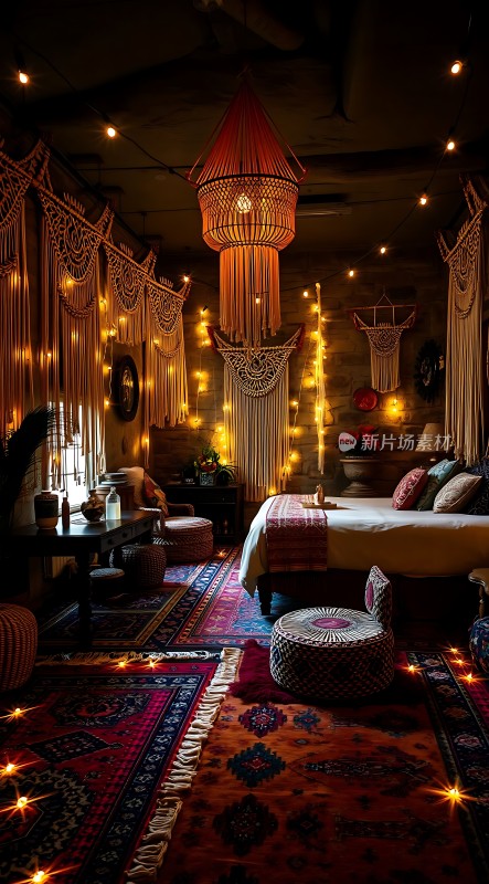 温馨卧室梦幻吊灯与彩色地毯营造浪漫氛围