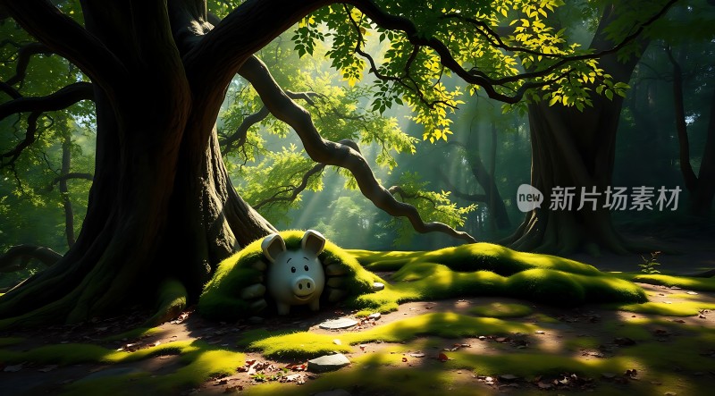 阳光下的森林小猪探出头