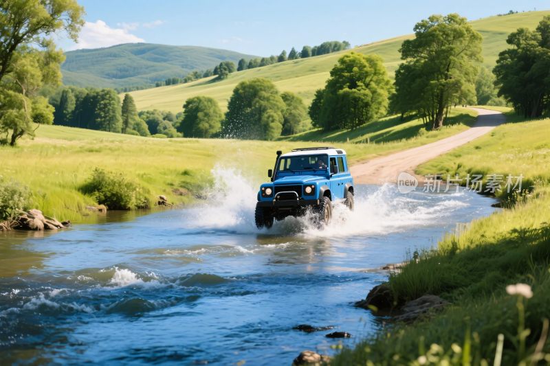 蓝色越野车穿越溪流美景