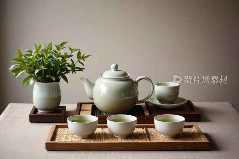 托盘上有四个杯子和一个茶壶高清图片