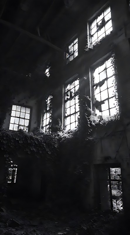 废弃建筑光影交错藤蔓攀爬显神秘