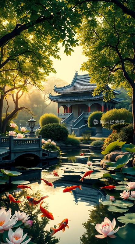 荷塘金鲤映古亭