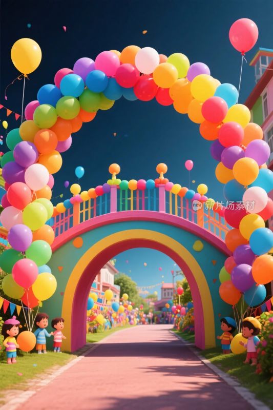 彩色气球拱门与卡通场景