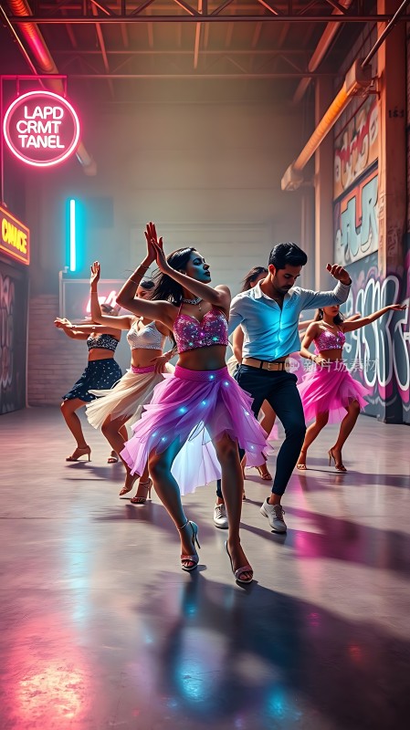 霓虹灯光下舞者翩翩起舞展现活力与激情