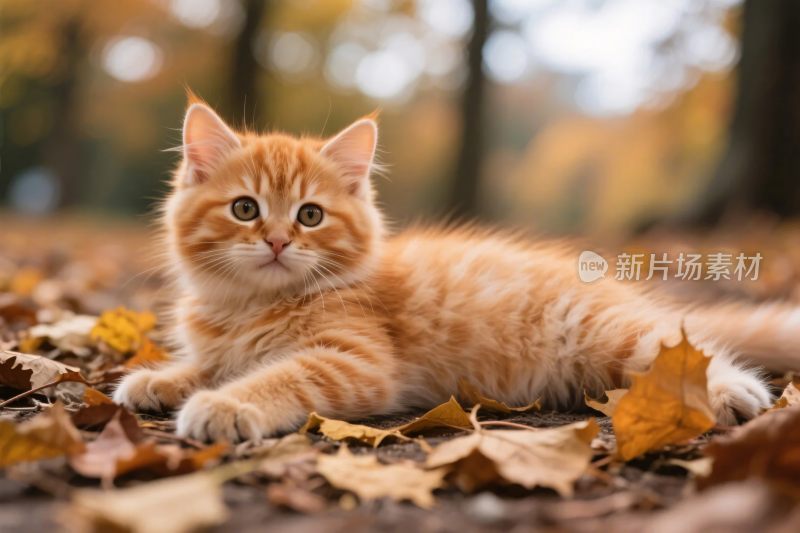 秋日落叶中橘猫