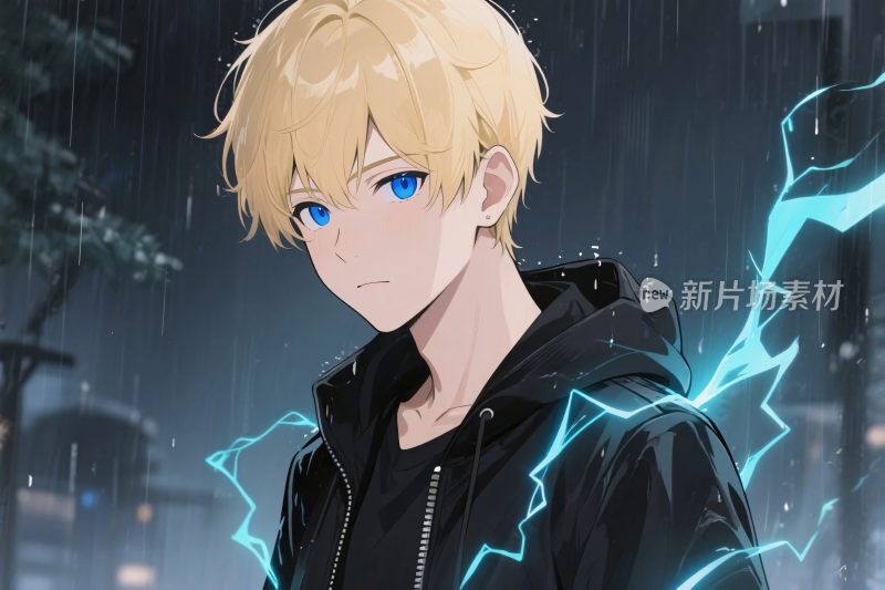 金发动漫角色闪电雨夜画面