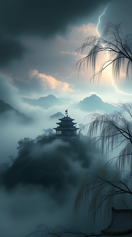 雷雨中的古塔与柳树