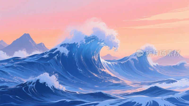 海上壮丽波涛插画