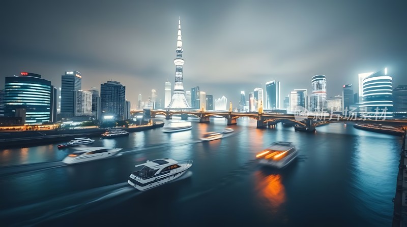 上海夜景黄浦江畔灯火辉煌东方明珠塔高耸入云