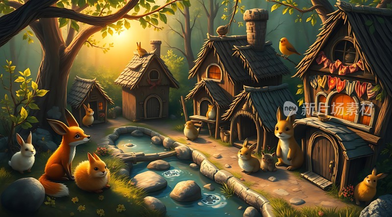 森林小屋与动物和谐共处