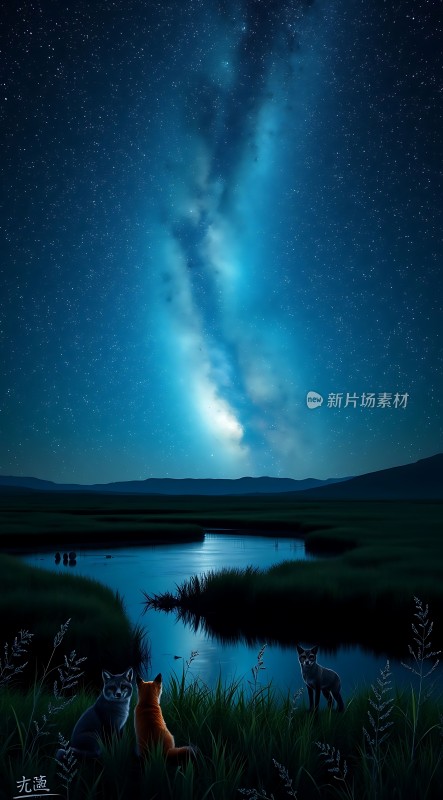 夜空下的三只小狐狸仰望星空