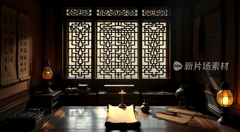 古风书房静谧雅致书卷与墨香交织时光悠然流淌