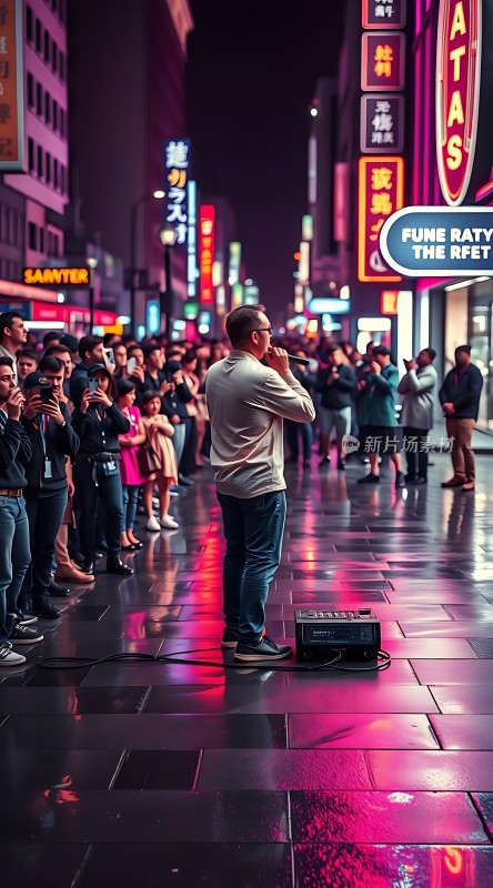 街头表演者与观众互动霓虹灯下展现城市活力