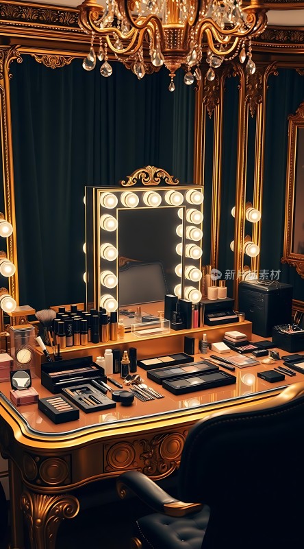 金色化妆台上的精致化妆品和镜子