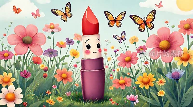 春日花丛中的彩色口红精灵