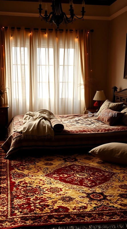 温馨卧室阳光洒落华丽地毯舒适床铺