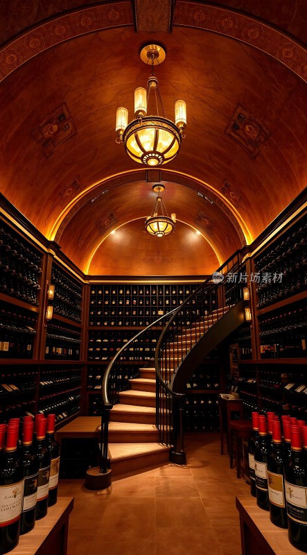 酒窖深处光影交错红瓶排列螺旋楼梯通幽