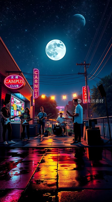 霓虹灯下的乐队表演