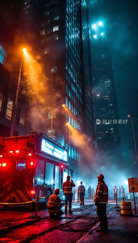 消防员夜晚紧急救援现场