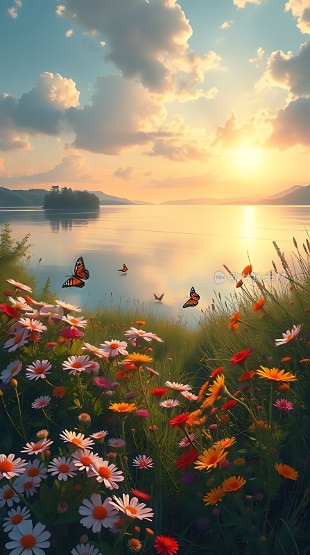 湖畔花语蝶舞日落