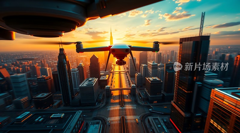 未来之城无人机翱翔高楼之间