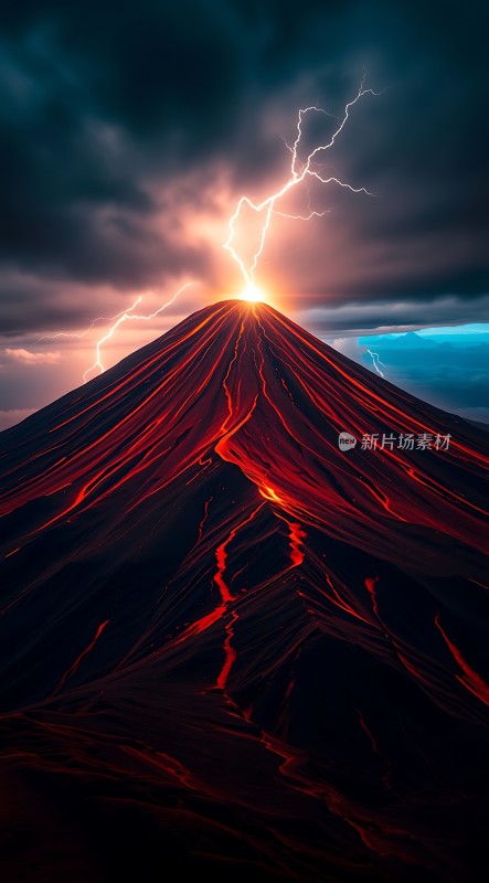 熔岩与闪电交织的火山奇观