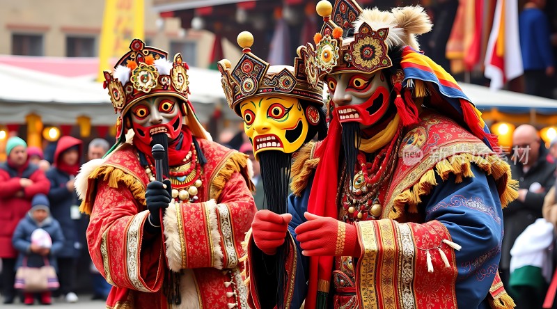 面具舞者色彩斑斓的服饰与神秘的面具