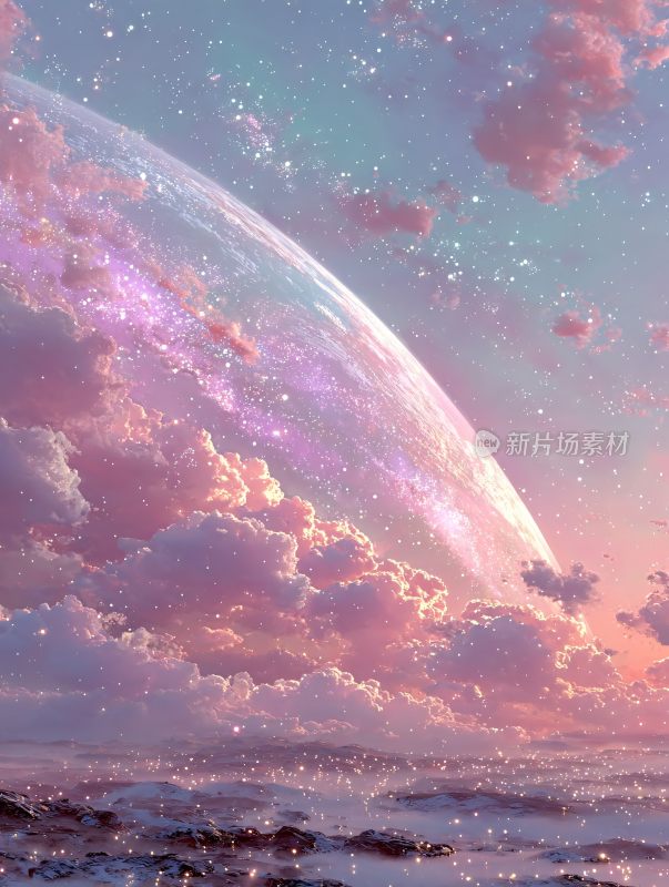 梦幻星空下的星球与云海