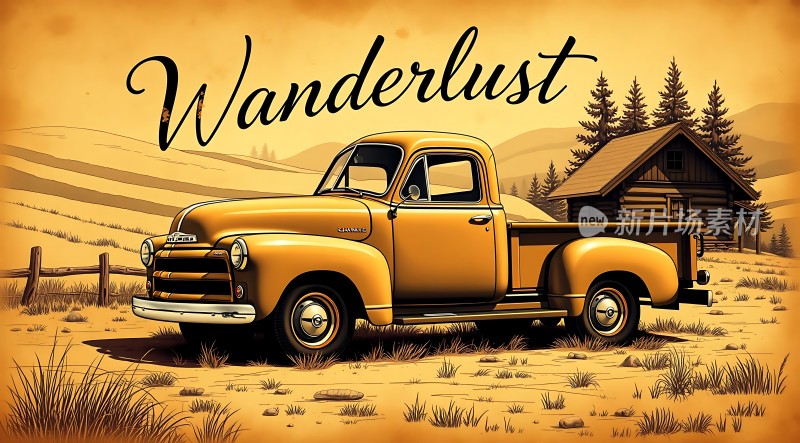 探索未知享受自由——黄色皮卡车 rustic 风景画