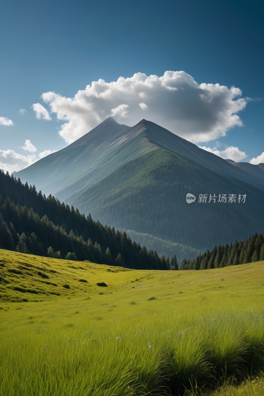 远处的山上一片草地和几棵树图片