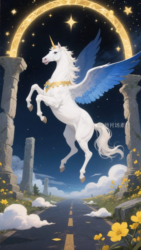 梦幻独角兽于夜空道路间腾跃