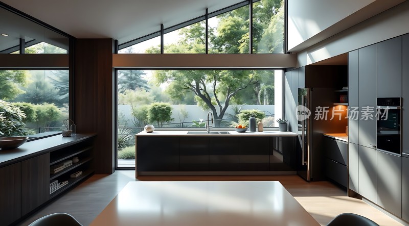现代厨房设计自然光线充足绿意盎然