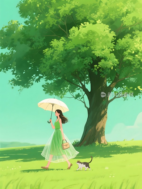 阳光下的绿裙漫步