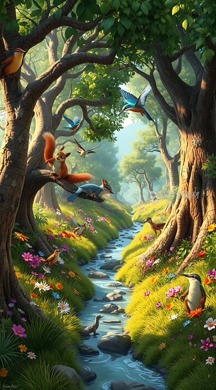 森林秘境鸟语花香与自然和谐共处