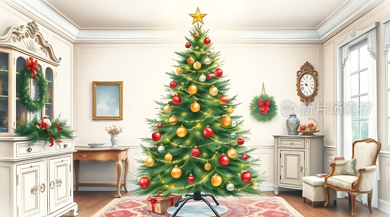 温馨圣诞树下的优雅客厅