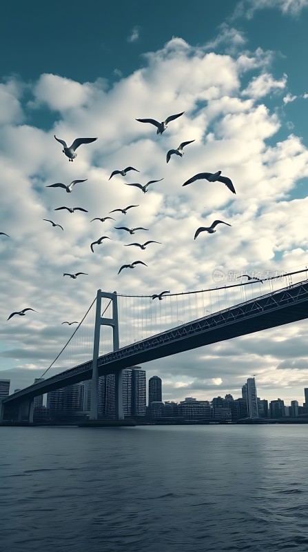 海鸥翱翔跨江大桥