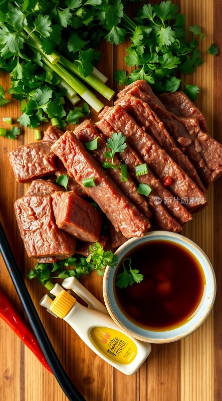 香菜牛肉配酱料