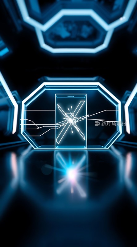 未来科技感十足的画面中央发光的装置和周围的蓝色光晕令人印象深刻