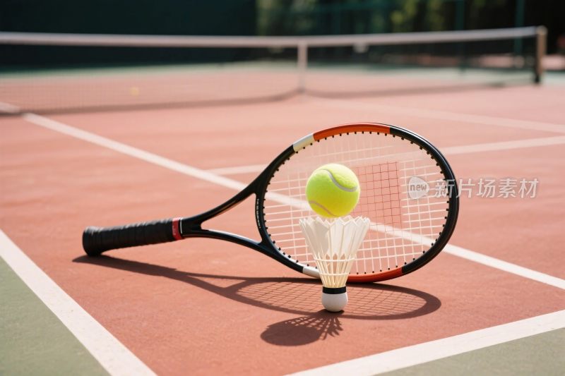 网球场上的网球与球拍