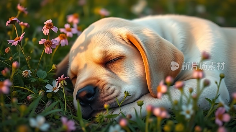 阳光下的狗狗在花丛中熟睡